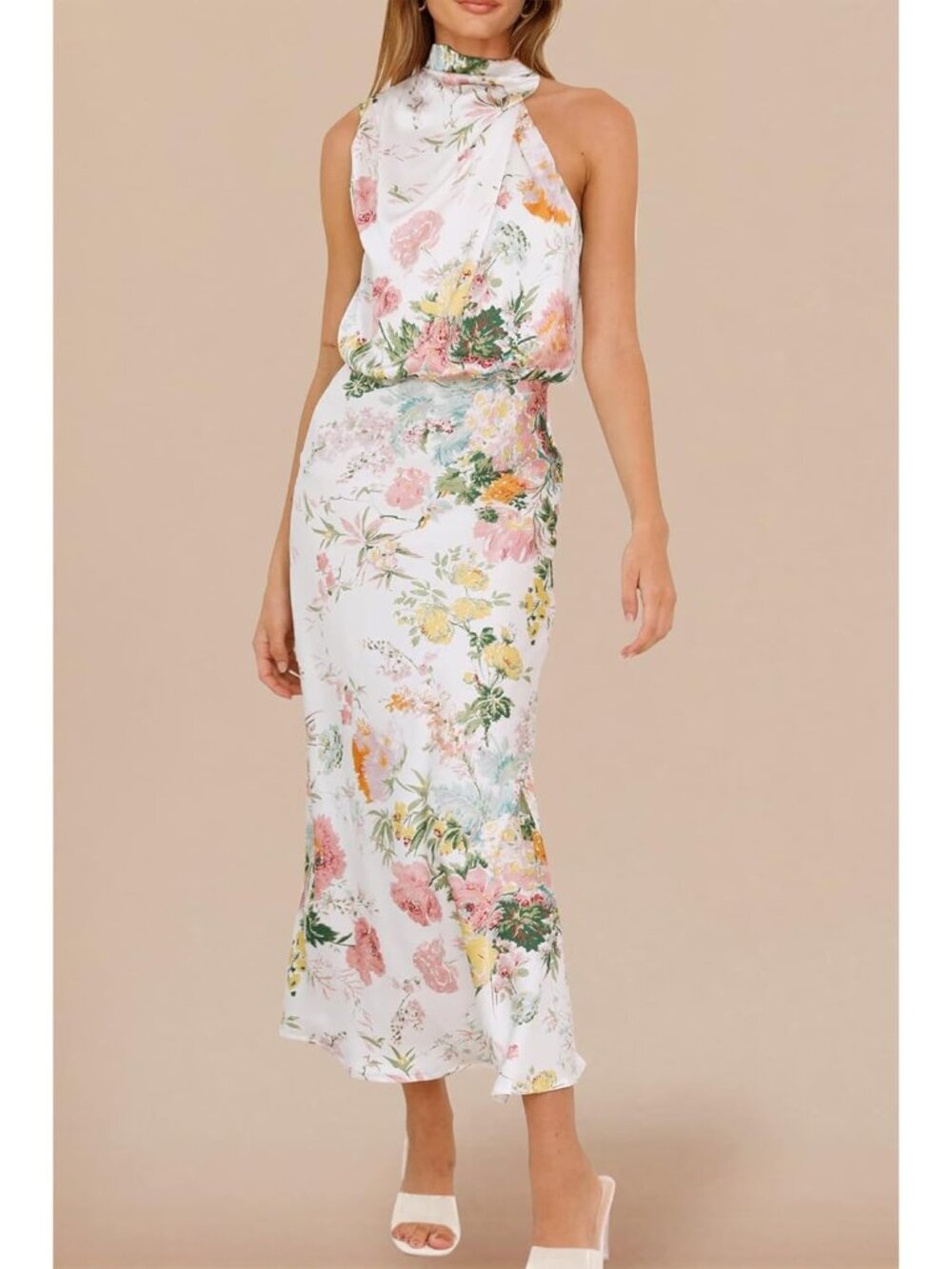 Women Print White Summer Satin Elegant Sleeveless Mock Neck Cocktail Maxi Dress - Picture 5 of 5